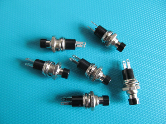 Switch. Push Button. Non-latching. BLACK Caps. Pack of six