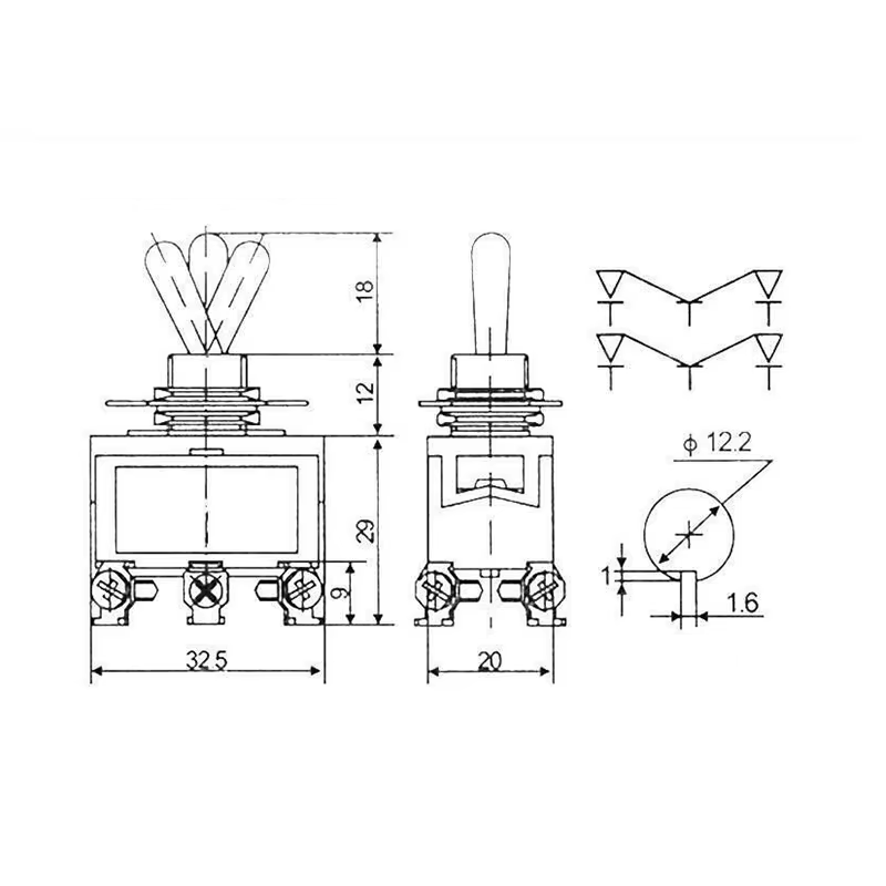 Standard Toggle Switch. DPDT (reversing switch) Screw Connections
